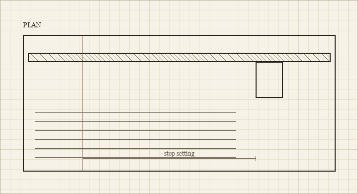 Plan drawing of a wall-mounted tool board with a hanging rail and ruled position lines